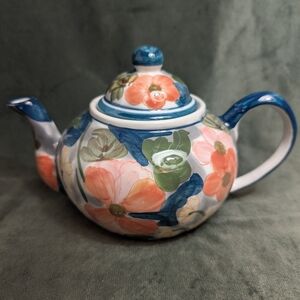 ANDREA BY SADEK Floral TEAPOT Blue with Pink Flowers and Green Leaves